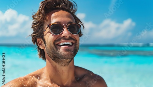 Fit man on a tropical beach, sunglasses on, radiant smile, clear blue sky