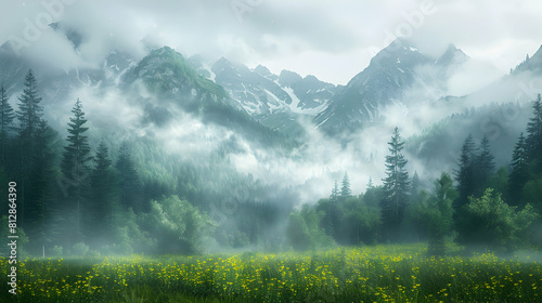 Misty Morning in Alpine Meadows: A mystical scene as fog shrouds the meadows, sunlight emerging Photo Stock Concept