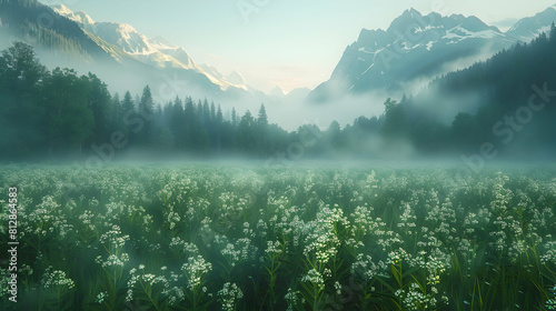 Mystical Alpine Meadows: Misty Morning with Emerging Sunlight adding a Photo Realistic Quality to the Foggy Landscape in the Alpine Meadows Stock Photo Concept