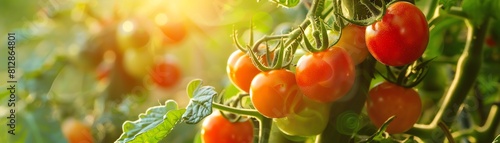 Sunlit tomato vines, macro shot, natural backlighting, lush green setting