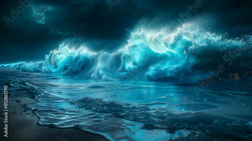 Bioluminescent Symphony: Ocean Waves Illuminate the Night with Spectacular Light Display Photo Realistic Concept on Adobe Stock