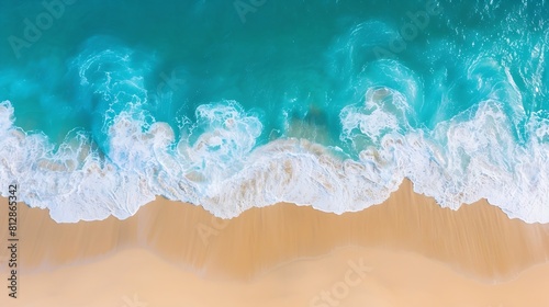Relaxing aerial beach scene summer vacation holiday template banner Waves surf with amazing blue ocean lagoon sea shore coastline Perfect aerial drone top view Peaceful bright beach se : Generative AI