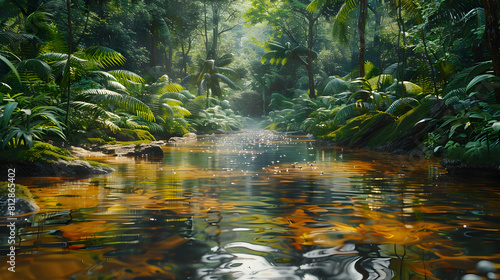 Serene Stream Flowing Through Old Growth Forest A Photorealistic Representation of Lush Vegetation Reflected in the Meandering Stream