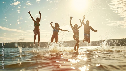 Friends having fun enjoying a summer day swimming and jumping at the lake : Generative AI