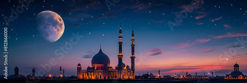 majestic mosque in the moon's embrace against a clear blue sky