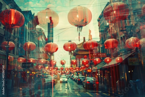 A picturesque urban scene with red lanterns hanging over a bustling city street