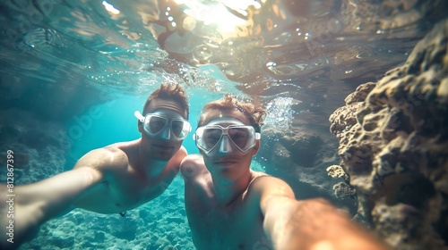 Happy couple taking selfie before entering water cave with waterproof camera Young people snorkeling in exotic scenarios Youth life style and travel concept around the world Warm na : Generative AI