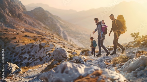 Family hiking parents with child outdoor travel in mountains active vacations lifestyle mother and father backpacking together with baby in Turkey : Generative AI
