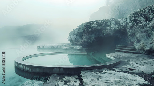 Photo realistic image of Thermal Pools steaming in a Volcanic Setting, offering a unique natural spa experience amid rugged landscapes