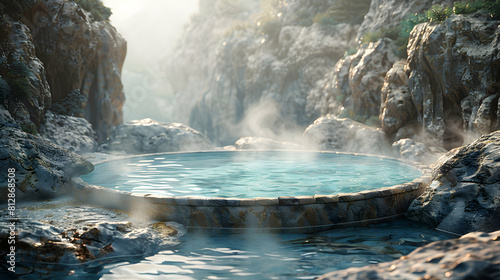 Photo Realistic View of Thermal Pools Steaming in Volcanic Setting, Capturing a Unique Natural Spa Experience Amid Rugged Landscapes Stock Photo Concept