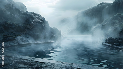 Natural Spa Experience: Steaming Thermal Pools in Volcanic Setting Amid Rugged Landscapes Photo Realistic Concept on Adobe Stock