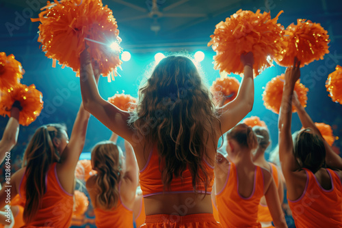 Energetic cheerleader with orange pom-poms performing at a nighttime sports event.