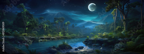 Serene moonlit scene with lush tropical palms in jungles forest under starlit night sky