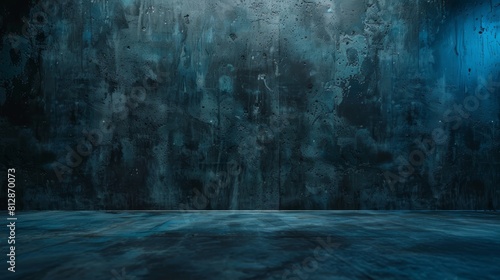 Blue grunge concrete wall and floor texture background. Dark, aged and weathered.