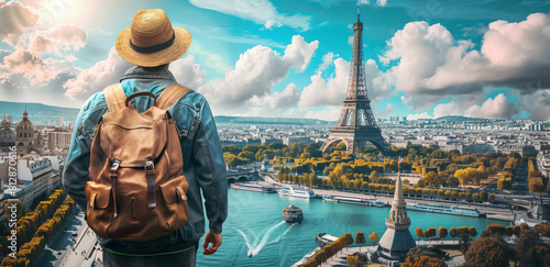 Solo traveler with backpack overlooking Paris from a high vantage point.