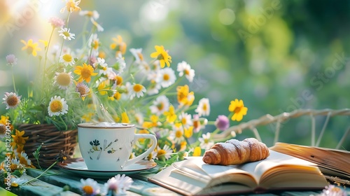 Bouquet of meadow flowers croissant cup of tea or coffee books on table in summer garden Rest in garden reading books breakfast vacations in nature concept Summertime in garden on back : Generative AI