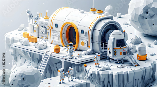 Isometric Scene: Engineers Astronauts Collaborate on Sustainable Lunar Habitat for Moon Missions Flat Design Concept