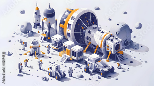 Engineers and astronauts collaborate on constructing a sustainable lunar habitat for future moon missions Simple flat design icon Lunar Habitat Construction concept in isometric 