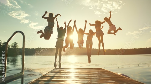 Group of teenage kids jumping off the dock into the lake together during a fun summer vacation : Generative AI