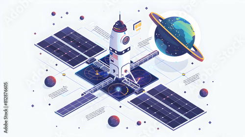 Cutting Edge Space Navigation Systems: Isometric Flat Design Icons for Guiding Spacecraft Through Orbital Paths