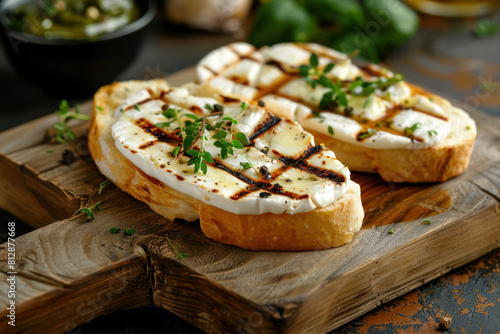 rustic goat cheese on grilled bread topped with fresh herbs and balsamic