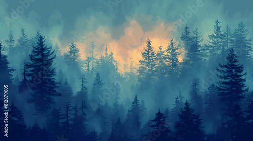 Flat Design Backdrop: Early Morning Fog Engulfs Old Growth Forest at Dawn, Adding Mystery to Ancient Woodland Flat Illustration Concept