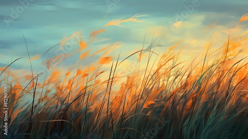 Dusk Breeze A breeze moving through tall grass at dusk, side view, dusks breath, digital binary as object, Complementary Color Scheme