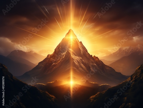 Golden Zenith The sun at its zenith casting golden light over a mountain, front view, peak light, technology tone, vivid