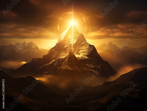 Golden Zenith The sun at its zenith casting golden light over a mountain, front view, peak light, technology tone, vivid