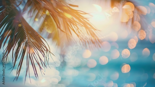 Abstract seascape with palm tree tropical beach background blur bokeh light of calm sea and sky summer vacation background concept : Generative AI