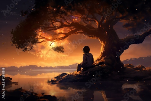 Twilight Muse A writer contemplating under a tree at twilight, front view, contemplative moment, futuristic tone, Tetradic color scheme