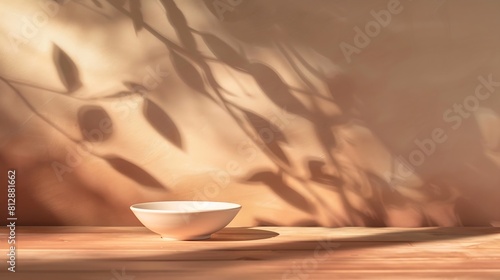 Empty bowl on wooden table and bright brown wall background Composition with leaves shadow on the wall and wood desk Mock up for presentation branding products cosmetics food or jewell : Generative AI