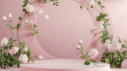 Elegant arch of fresh little roses blank rounded space as podiums mockup with flying buds and green leaves as stream on pink stage for presentation cosmetic products advertising desig : Generative AI