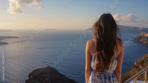 Europe Greece Santorini travel vacation Woman looking at view on famous travel destination Elegant young lady living fancy jetset lifestyle wearing dress on holidays Amazing view of se : Generative AI