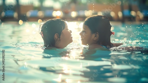 Mother teaching daughter to swim in pool during summer vacation Mother and daughter playing in water Beach resort vacation by the sea Winter or summer seaside holiday : Generative AI