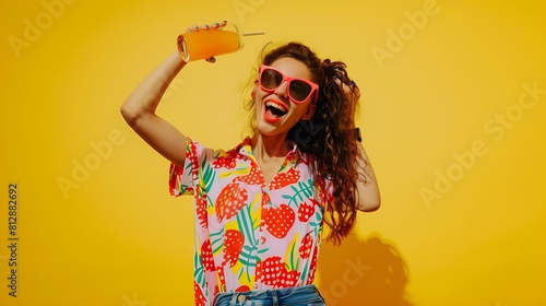 Photo cute dancing lady drink nonalcoholic beverage youth party wear heart sunglass print shirt isolated yellow color background : Generative AI