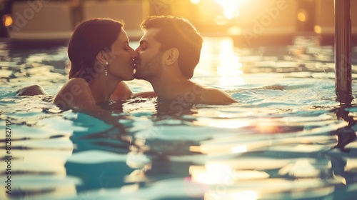 Cheerful young couple being romantic in a plunge pool Two happy young lovers going in for a kiss in a luxury plunge pool Young couple enjoying their honeymoon vacation at a luxury hote : Generative AI