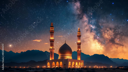 scenery of a mosque at night with beautiful starry sky
