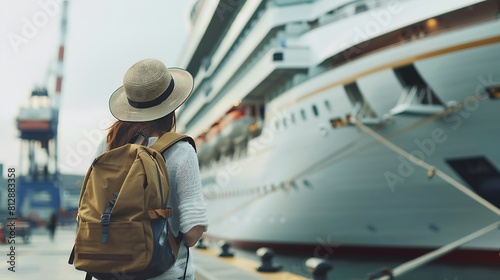 Tourist girl with backpack and hat standing in front of big cruise liner : Generative AI