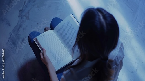 top view of a woman reading an open book or magazine empty page mock up : Generative AI