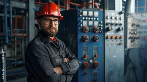 Portrait of proud smiling electrical engineer with hard hat in front of control panel of power plant. Generative Ai. hyper realistic 