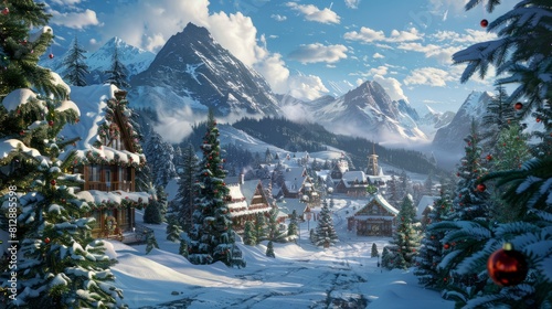 Santa's village hidden behind the mountains surrounded by Christmas trees and snow. Digital matte painting. hyper realistic 