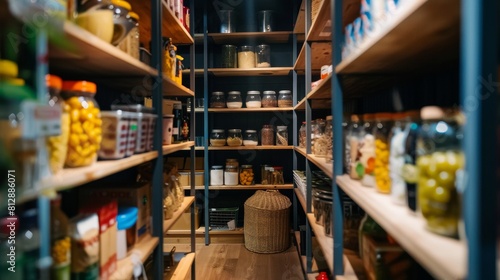 A detailed view inside a well-organized pantry with shelves stocked with a variety of food supplies, jars, and containers in a modern home.