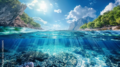 Split underwater view with sunny sky and serene sea hyper realistic 