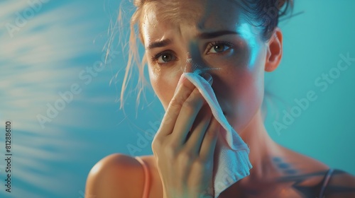 picture from a Beautiful women in bikini with handkerchief Sick female model has runny nose girl makes a cure for the common cold She is sick in the summer on vacation : Generative AI
