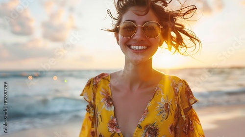 stylish attractive slim smiling woman on beach in summer style fashion trend outfit carefree and happy feeling freedom wearing yellow printed dress boho style chic and sunglasses : Generative AI