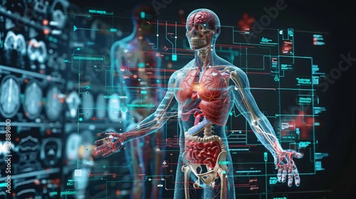 A 3D rendering of a human body is shown with various organs