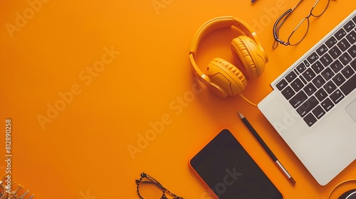 Creative flat lay of workspace desk office stationery keyboard headphones and lifestyle objects on orange background with copy space : Generative AI