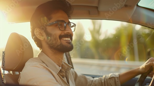 Joyful indian man driving car shot from dashboard going on trip during summer vacation copy space Happy middleeastern guy in casual outfit and glasses driving his brand new nice car : Generative AI