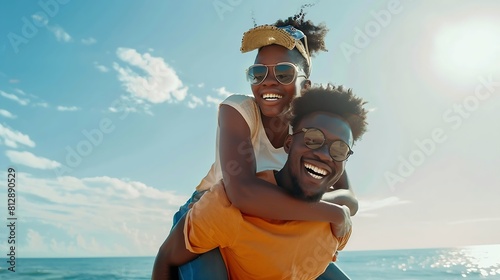 Fun black couple and piggyback with happy people on vacation playing and being silly while having fun Holiday getaway and african girlfriend and boyfriend play whole being carefree by : Generative AI